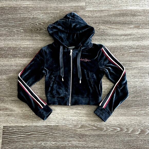 Manière De‎ Voir Black Velour Zip Hoodie Jacket Size 6 MDV Tracksuit Cropped Y2K - Picture 10 of 13